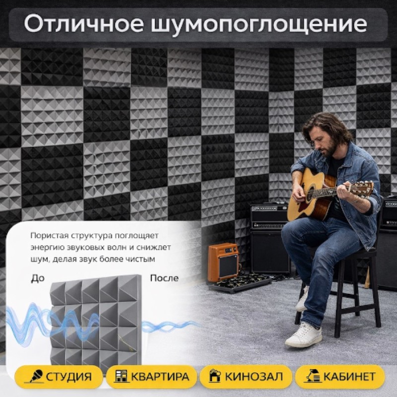 Акустическая панель 50см*50см*5см Mercury "Пирамида" Графит