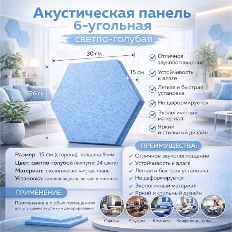 Акустическая панель 25см*30см*1см Tauren "6-угольник" Голубая
