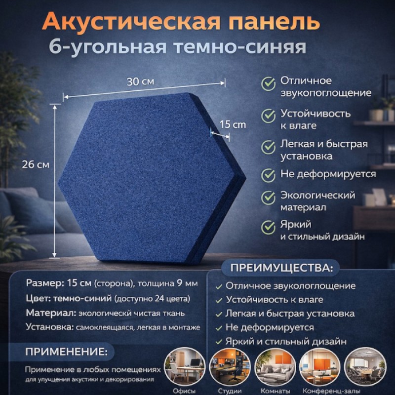 Акустическая панель 25см*30см*1см Tauren "6-угольник" Темно-синяя