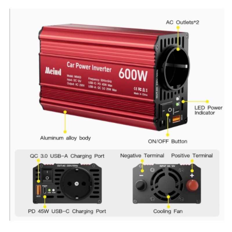 Инвертор автомобильный Meind 600W, DC to AC Power inverter